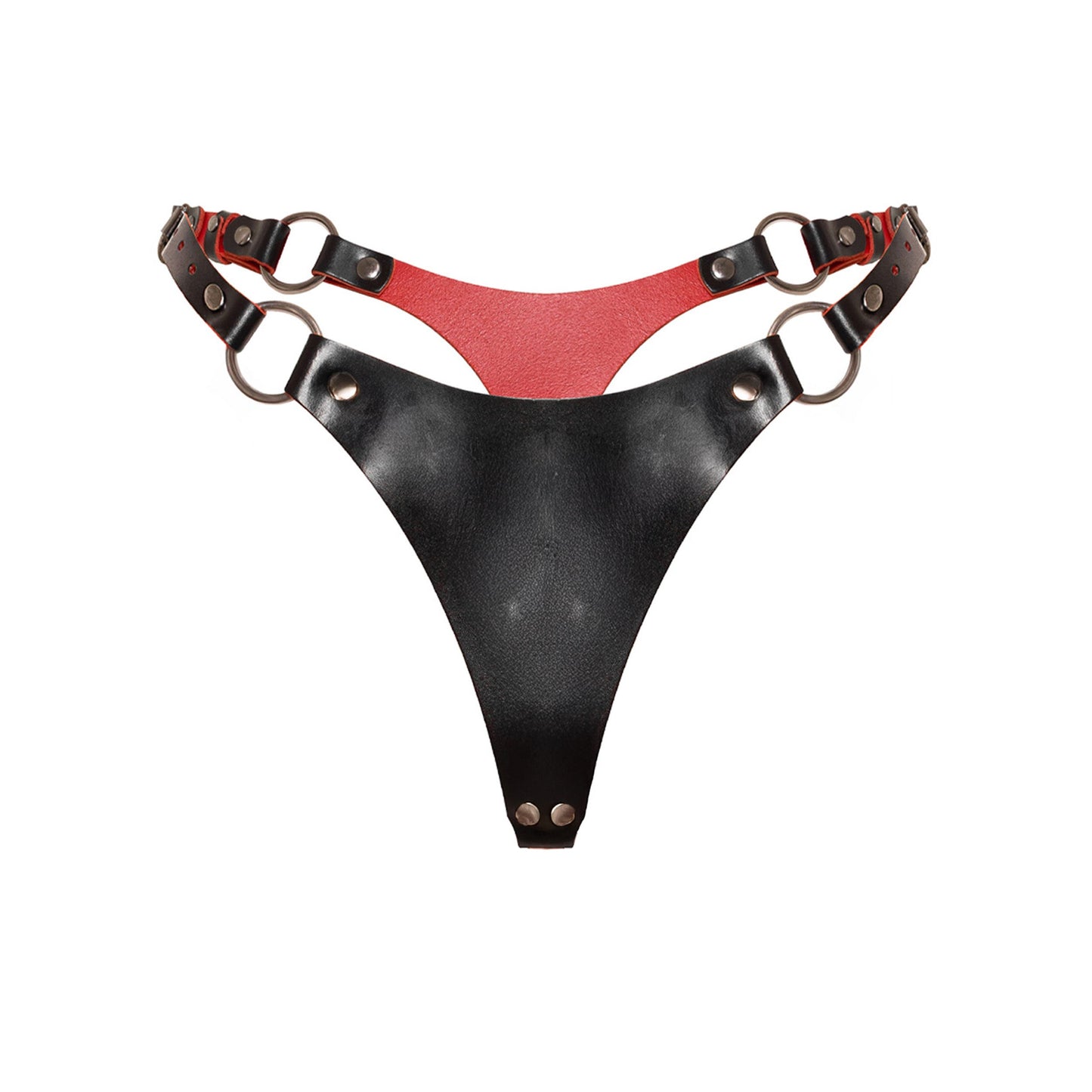 Front view of a leather open bra in black and red genuine leather. The bra features an open construction with 5/8 inch (1.5 cm) and 3/4 inch (2 cm) leather straps, an O-ring center connector, adjustable shoulder straps, side straps, and a buckle-adjusted back band.