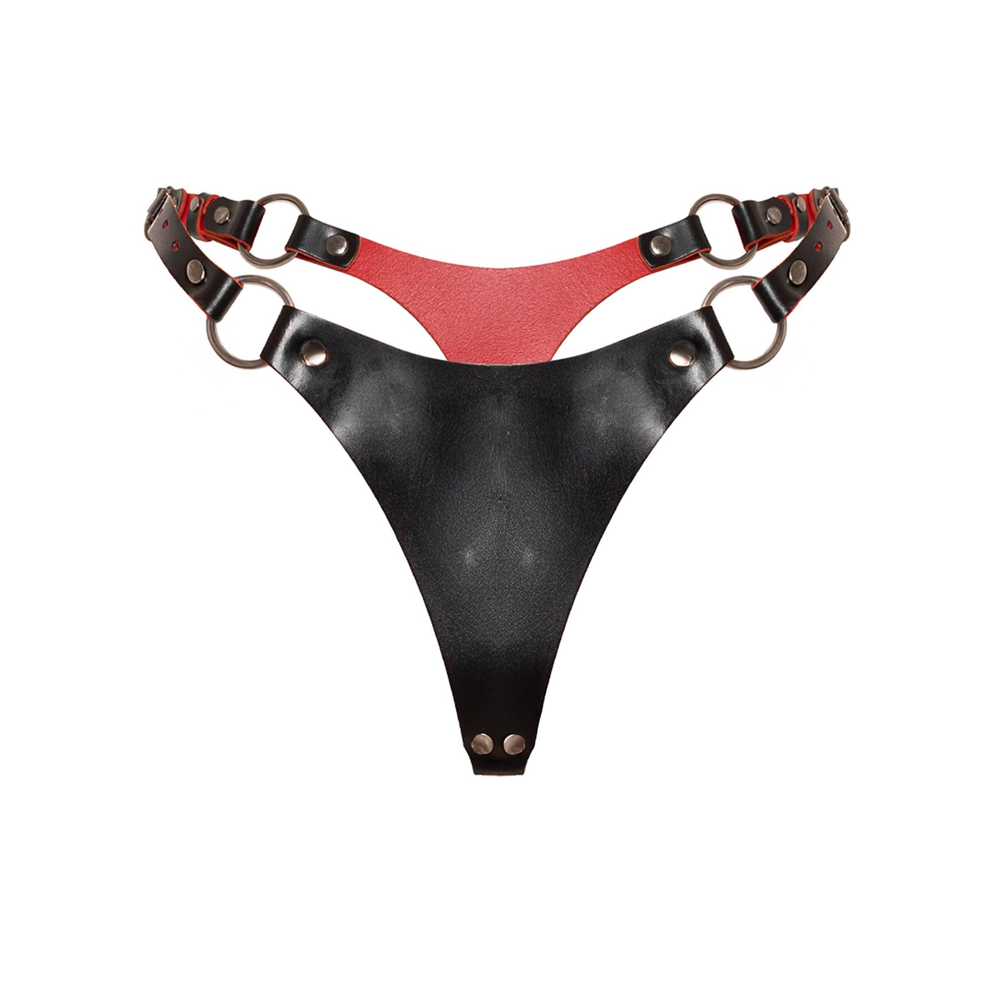 Front view of a leather open bra in black and red genuine leather. The bra features an open construction with 5/8 inch (1.5 cm) and 3/4 inch (2 cm) leather straps, an O-ring center connector, adjustable shoulder straps, side straps, and a buckle-adjusted back band.