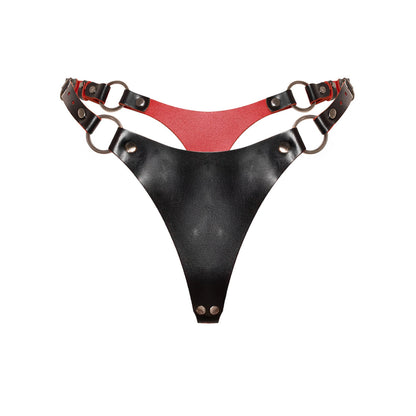 Front view of a leather open bra in black and red genuine leather. The bra features an open construction with 5/8 inch (1.5 cm) and 3/4 inch (2 cm) leather straps, an O-ring center connector, adjustable shoulder straps, side straps, and a buckle-adjusted back band.