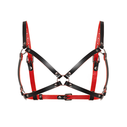 Front view of a leather open bra in black and red genuine leather. The bra features an open construction with 5/8 inch (1.5 cm) and 3/4 inch (2 cm) leather straps, an O-ring center connector, adjustable shoulder straps, side straps, and a buckle-adjusted back band.