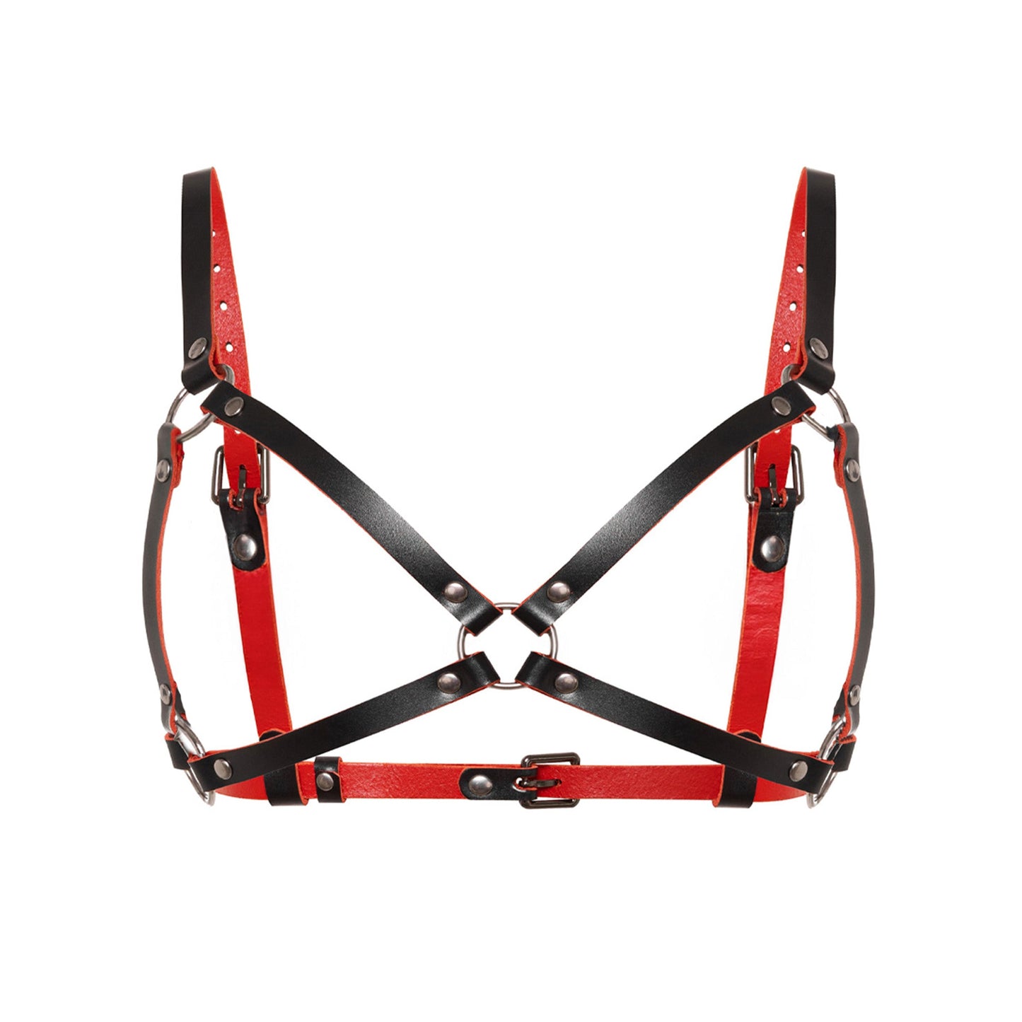Front view of a leather open bra in black and red genuine leather. The bra features an open construction with 5/8 inch (1.5 cm) and 3/4 inch (2 cm) leather straps, an O-ring center connector, adjustable shoulder straps, side straps, and a buckle-adjusted back band.