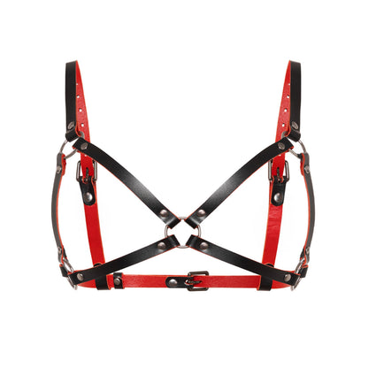 Front view of a leather open bra in black and red genuine leather. The bra features an open construction with 5/8 inch (1.5 cm) and 3/4 inch (2 cm) leather straps, an O-ring center connector, adjustable shoulder straps, side straps, and a buckle-adjusted back band.