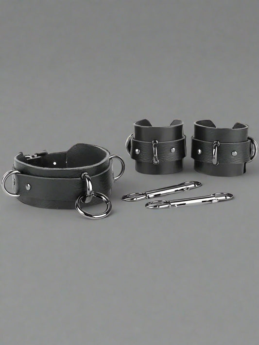 BDSM Kit Leather Collar with Ring and Handcuffs with Carabiners