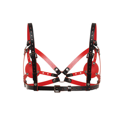Back view of a contour chest harness with adjustable buckle straps, crossed rear straps, black leather with red edges, and dark nickel hardware.