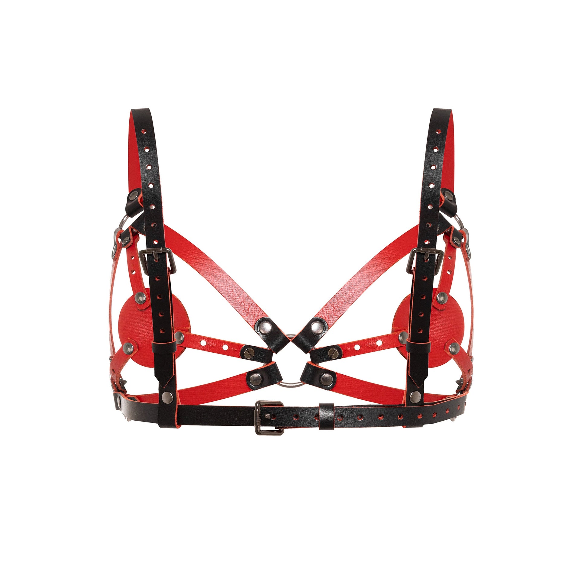Back view of a contour chest harness with adjustable buckle straps, crossed rear straps, black leather with red edges, and dark nickel hardware.