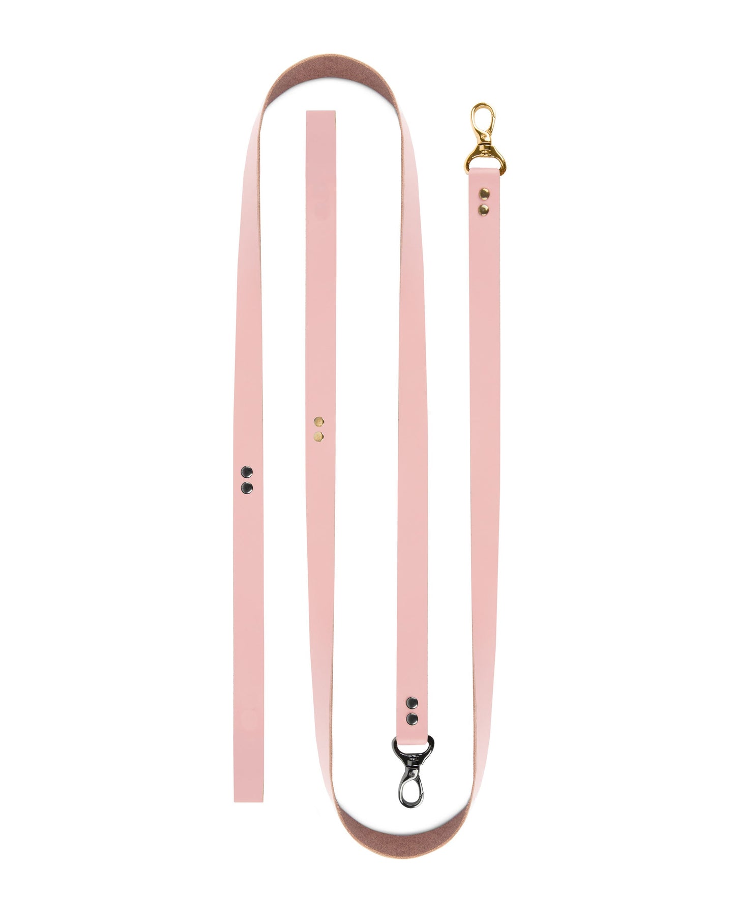 BDSM full leather leash on a white background made from a single solid pink leather strap, 100 cm (39.37 in) length, 2 cm (0.79 in) width, 1.4–1.8 mm (0.06–0.07 in) thickness, product laid flat showing uniform leather thickness.