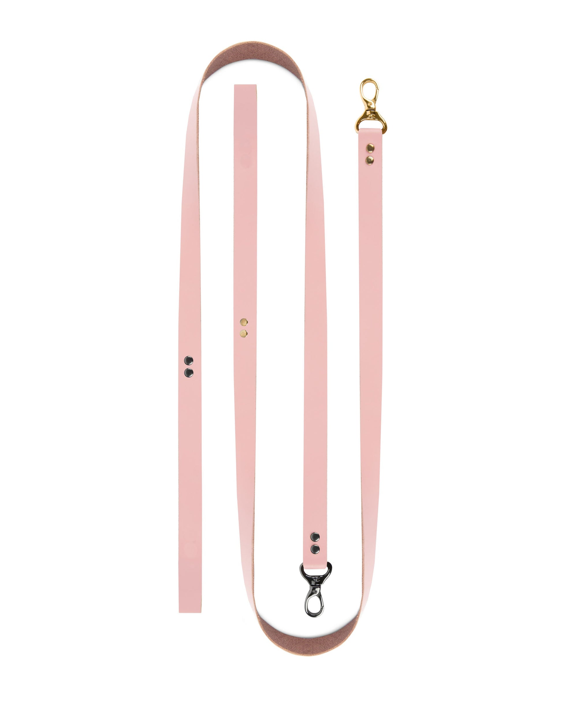 BDSM full leather leash on a white background made from a single solid pink leather strap, 100 cm (39.37 in) length, 2 cm (0.79 in) width, 1.4–1.8 mm (0.06–0.07 in) thickness, product laid flat showing uniform leather thickness.