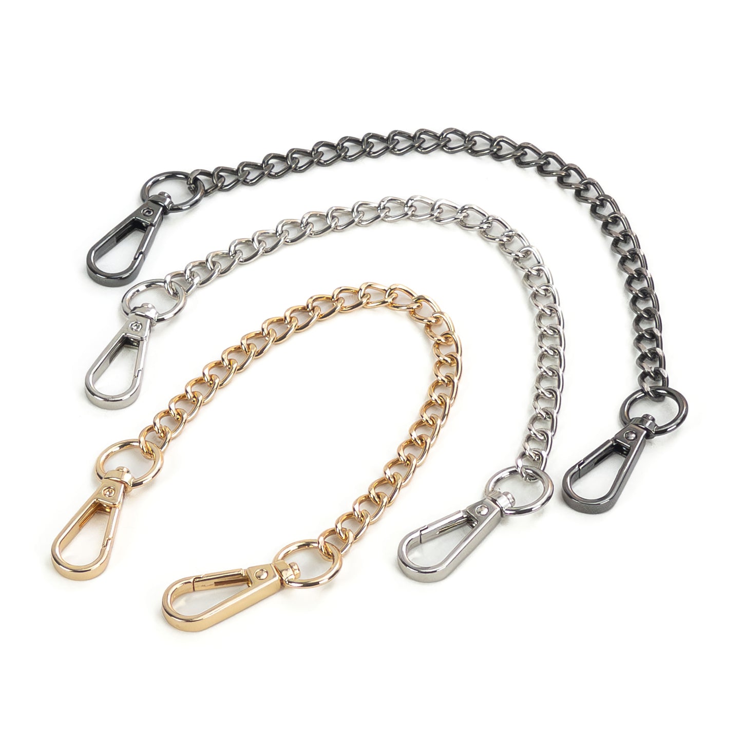 Short metal chain connector with carabiners shown on a white background, three versions displayed together: gold, silver, and dark nickel. Each connector consists of a single 20 cm metal chain with a carabiner on both ends, laid flat so the full length, chain links, and hardware color differences are clearly visible.