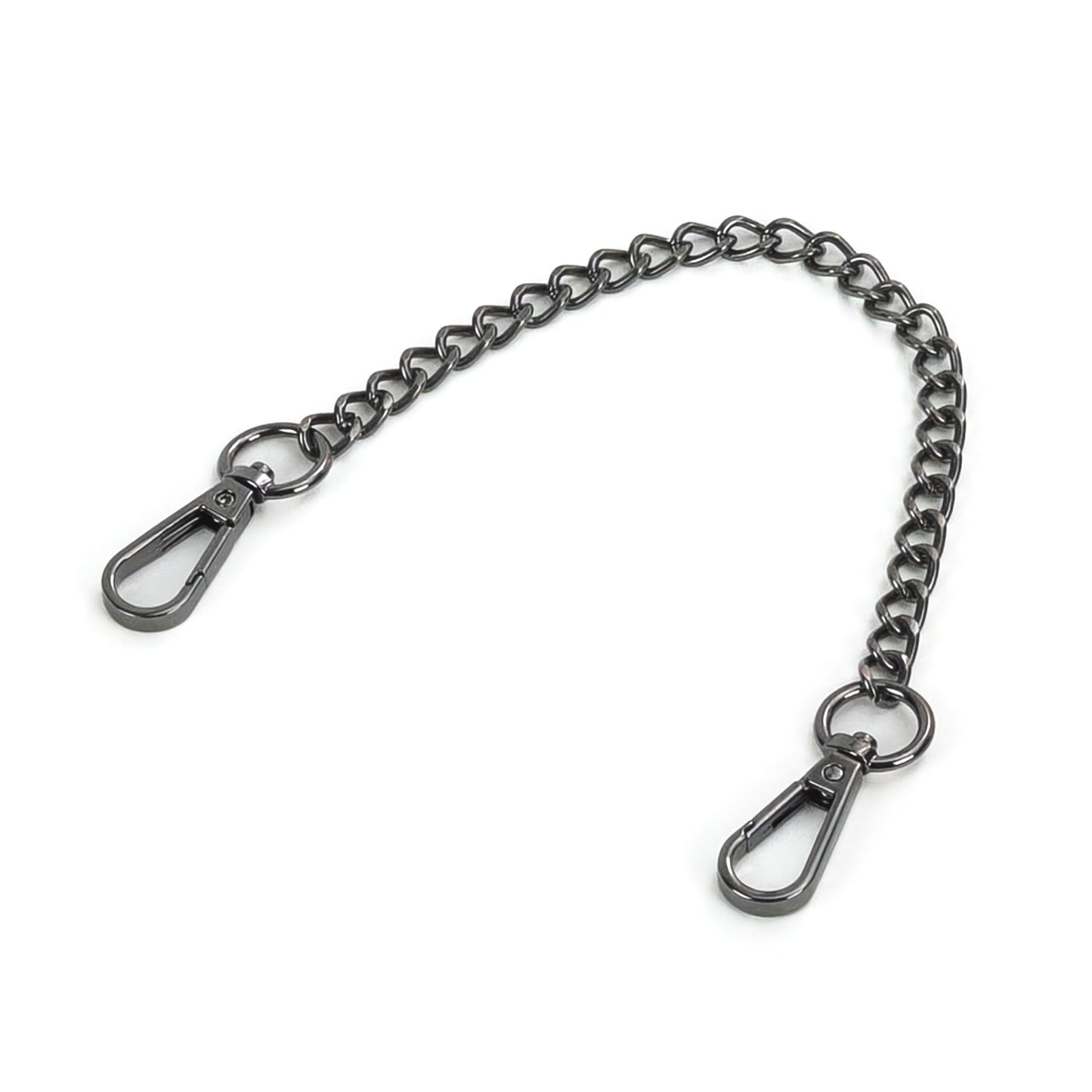 Short metal chain connector with carabiners in dark nickel color, single 20 cm chain shown flat on a white background. The image highlights the dark nickel finish of the chain links and both carabiners, with all elements clearly visible.