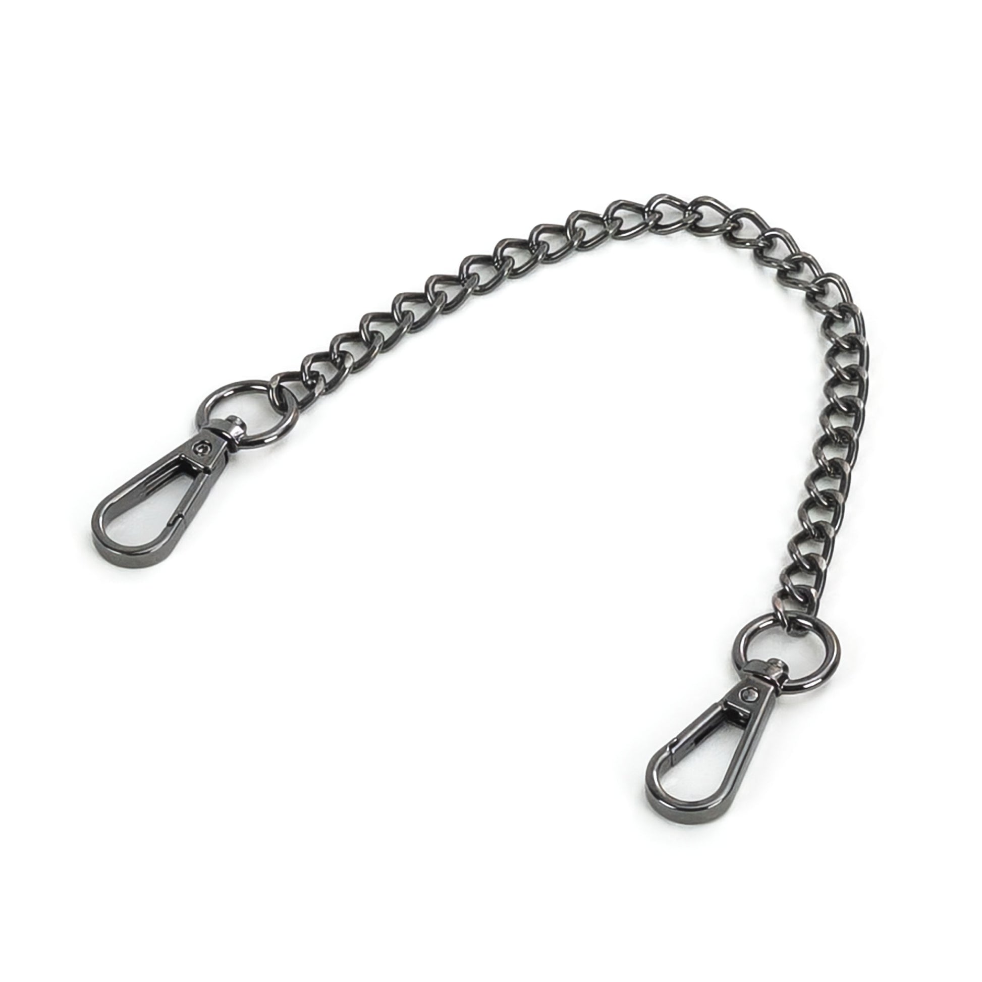 Short metal chain connector with carabiners in dark nickel color, single 20 cm chain shown flat on a white background. The image highlights the dark nickel finish of the chain links and both carabiners, with all elements clearly visible.