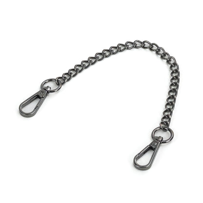 Short metal chain connector with carabiners in dark nickel color, single 20 cm chain shown flat on a white background. The image highlights the dark nickel finish of the chain links and both carabiners, with all elements clearly visible.