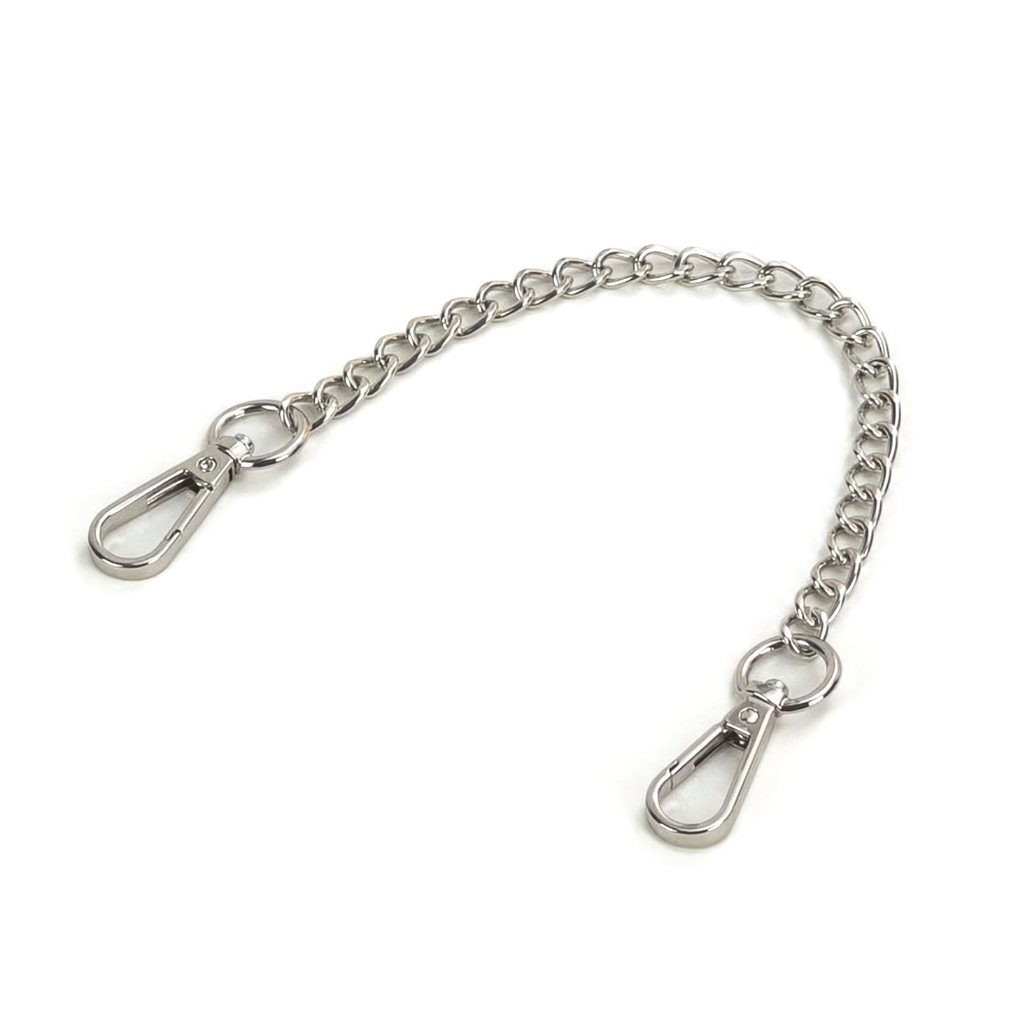 Short metal chain connector with carabiners in silver color, single 20 cm metal chain displayed on a white background. The photo shows silver chain links and silver carabiners on both ends, arranged flat to display the full length and hardware details.