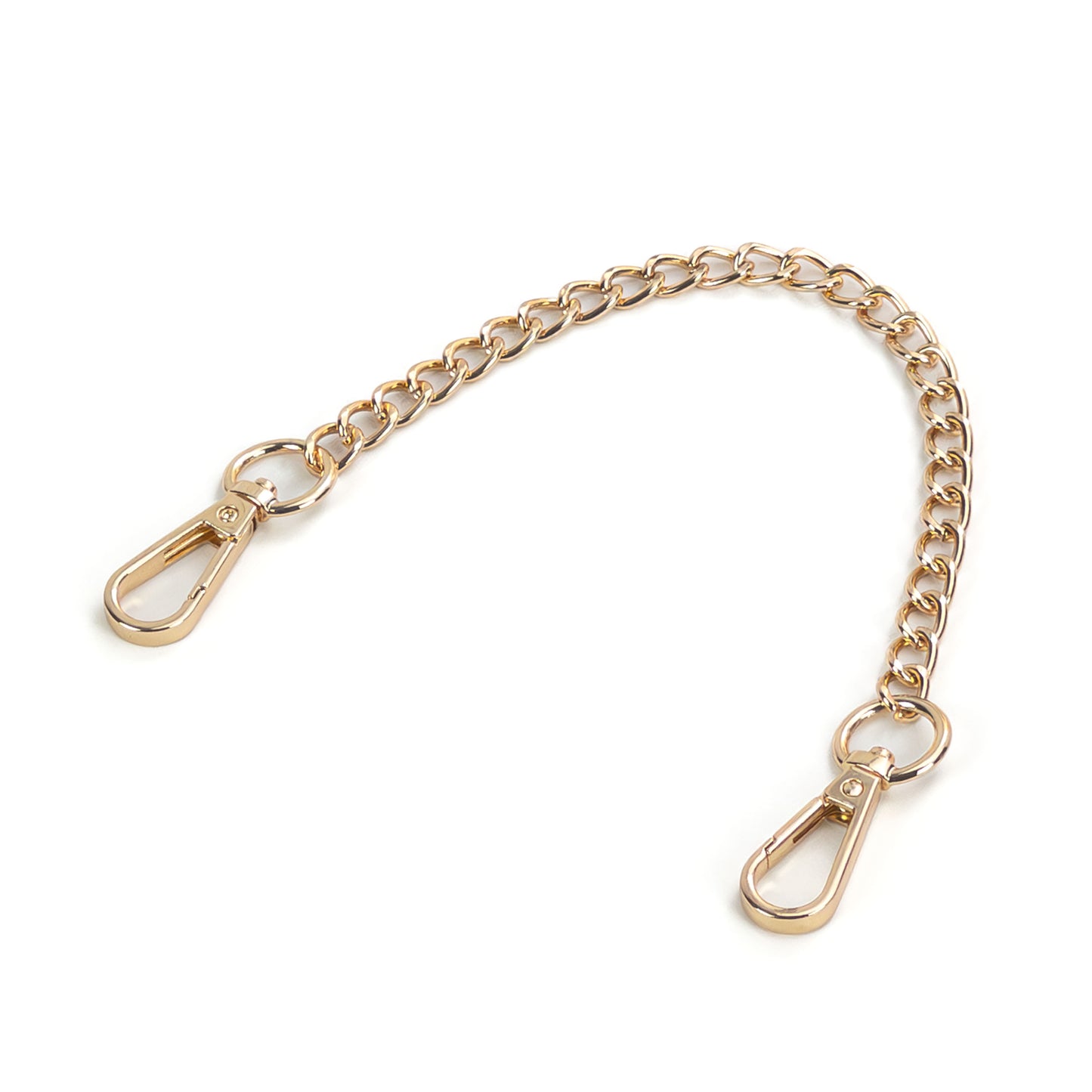 Short metal chain connector with carabiners in gold color, single 20 cm chain shown separately on a white background. The image clearly shows the gold-toned chain links and gold carabiners attached to both ends, laid flat for full visibility.