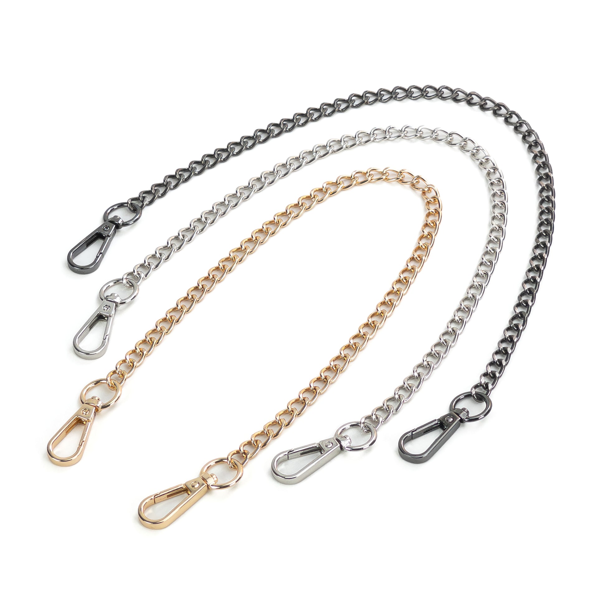 Long metal chain connector with carabiners shown on a white background, three finishes displayed together: gold, silver, and dark nickel. Each connector is a single 15.75-inch (40 cm) metal chain with a carabiner on both ends, laid flat so the chain links and hardware finishes are clearly visible.