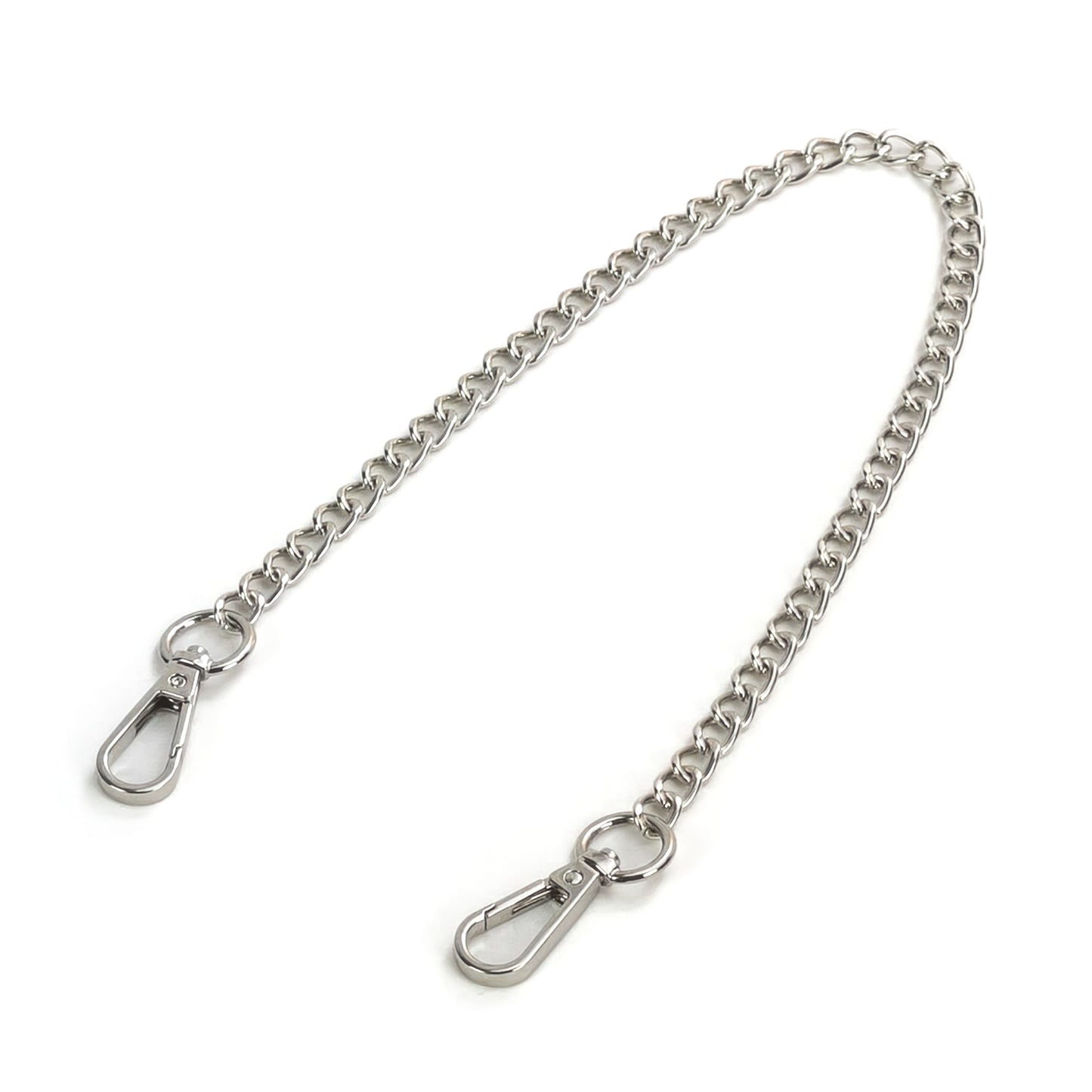 Long metal chain connector with carabiners in silver color, shown separately on a white background. The single 15.75-inch (40 cm) chain is laid flat with a carabiner on each end, clearly showing the silver chain links and both carabiners from a top view.