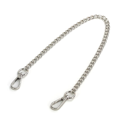 Long metal chain connector with carabiners in silver color, shown separately on a white background. The single 15.75-inch (40 cm) chain is laid flat with a carabiner on each end, clearly showing the silver chain links and both carabiners from a top view.