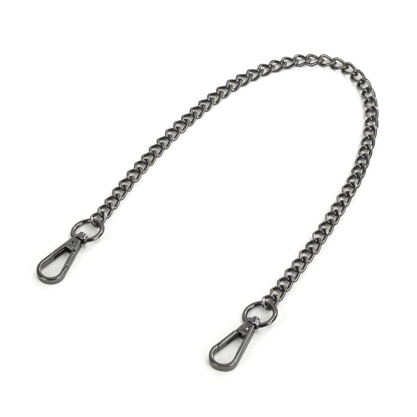 Long metal chain connector with carabiners in dark nickel color, displayed alone on a white background. The 15.75-inch (40 cm) chain is arranged flat with a carabiner on both ends, emphasizing the dark nickel finish on the chain links and carabiners