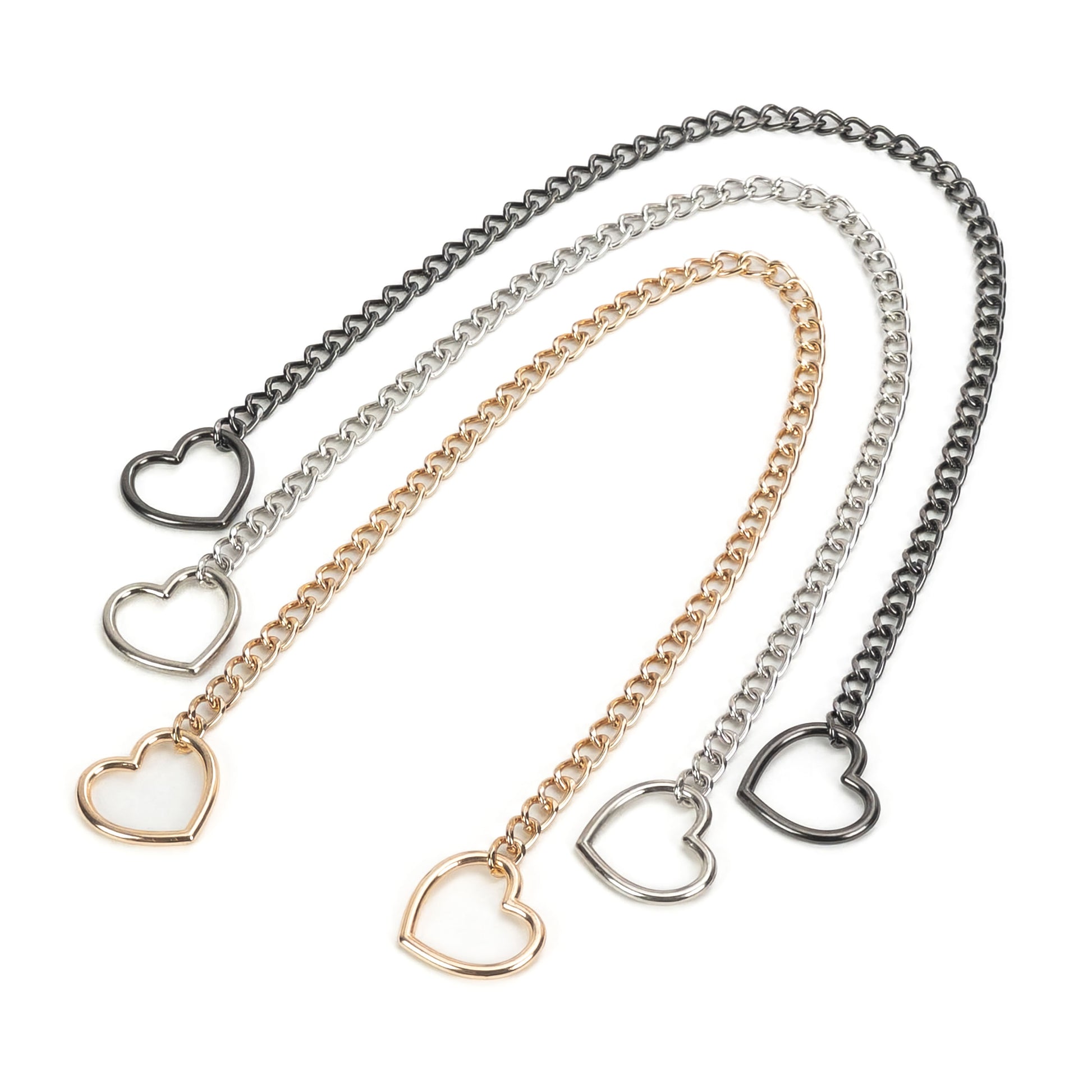 Three sliding chain choking collars laid flat, each with heart-shaped rings on both ends, shown in silver, gold, and dark nickel finishes, metal chains arranged to show length and ring shape clearly.