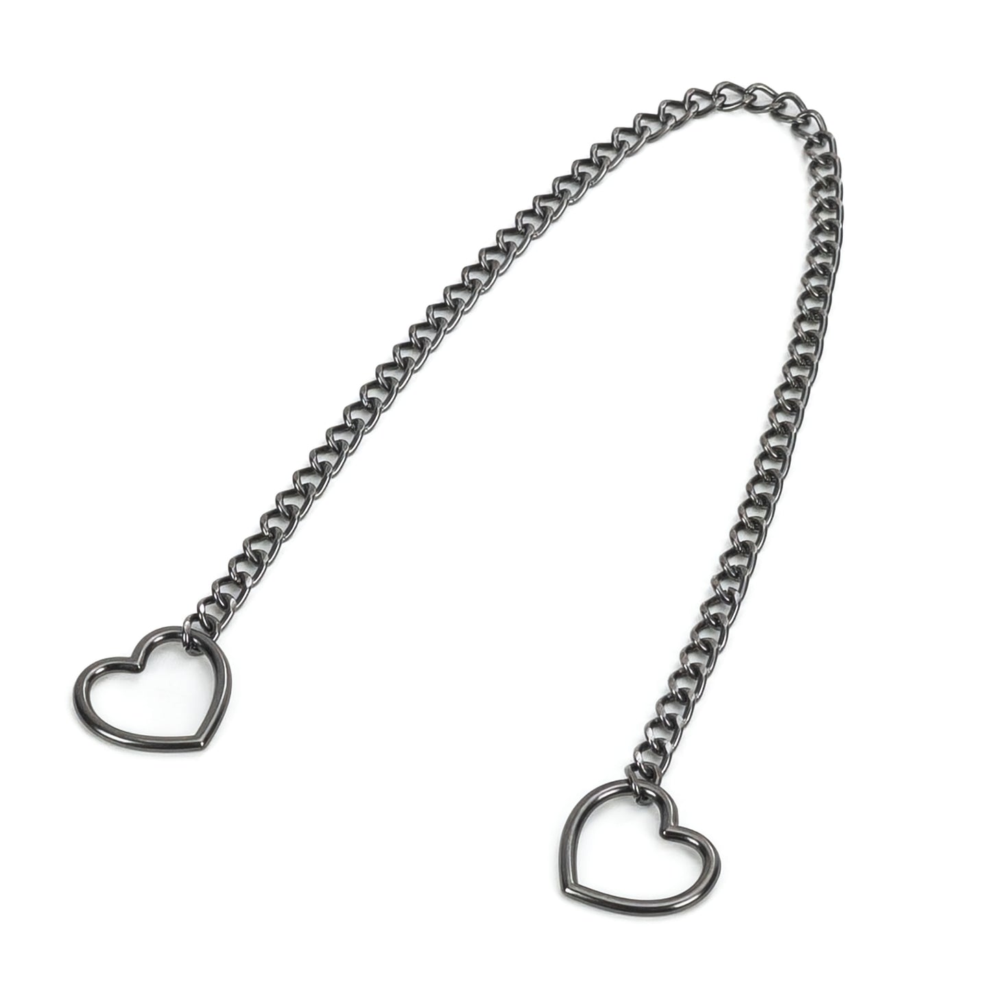Dark nickel sliding chain choking collar laid flat, heart-shaped rings on both ends, chain links evenly spaced, no clasp visible, demonstrating sliding adjustment through one heart ring.