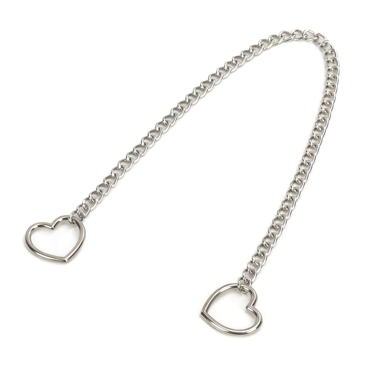 Silver chain with heart-shaped ends on a white background