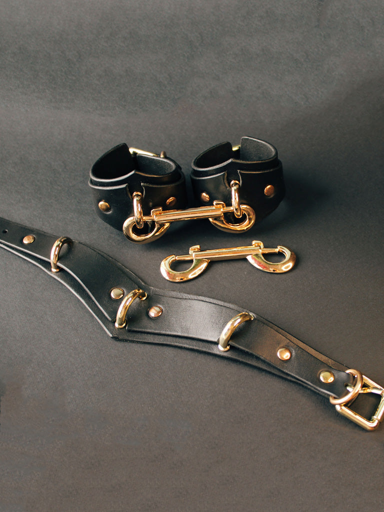 Black Gold Bondage Collar with Wrist Cuffs