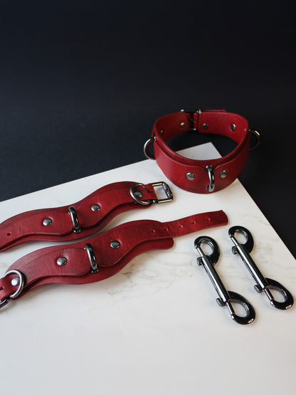 Red BDSM Sex Kit; Bondage Collar and Cuffs