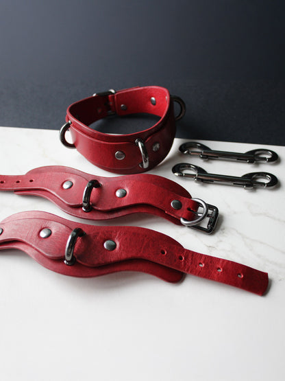 Red BDSM Sex Kit; Bondage Collar and Cuffs