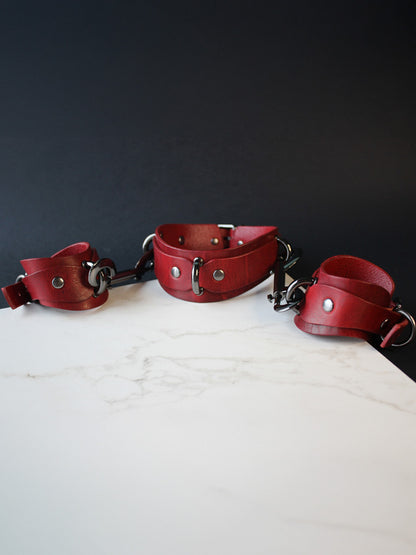 Red BDSM Sex Kit; Bondage Collar and Cuffs