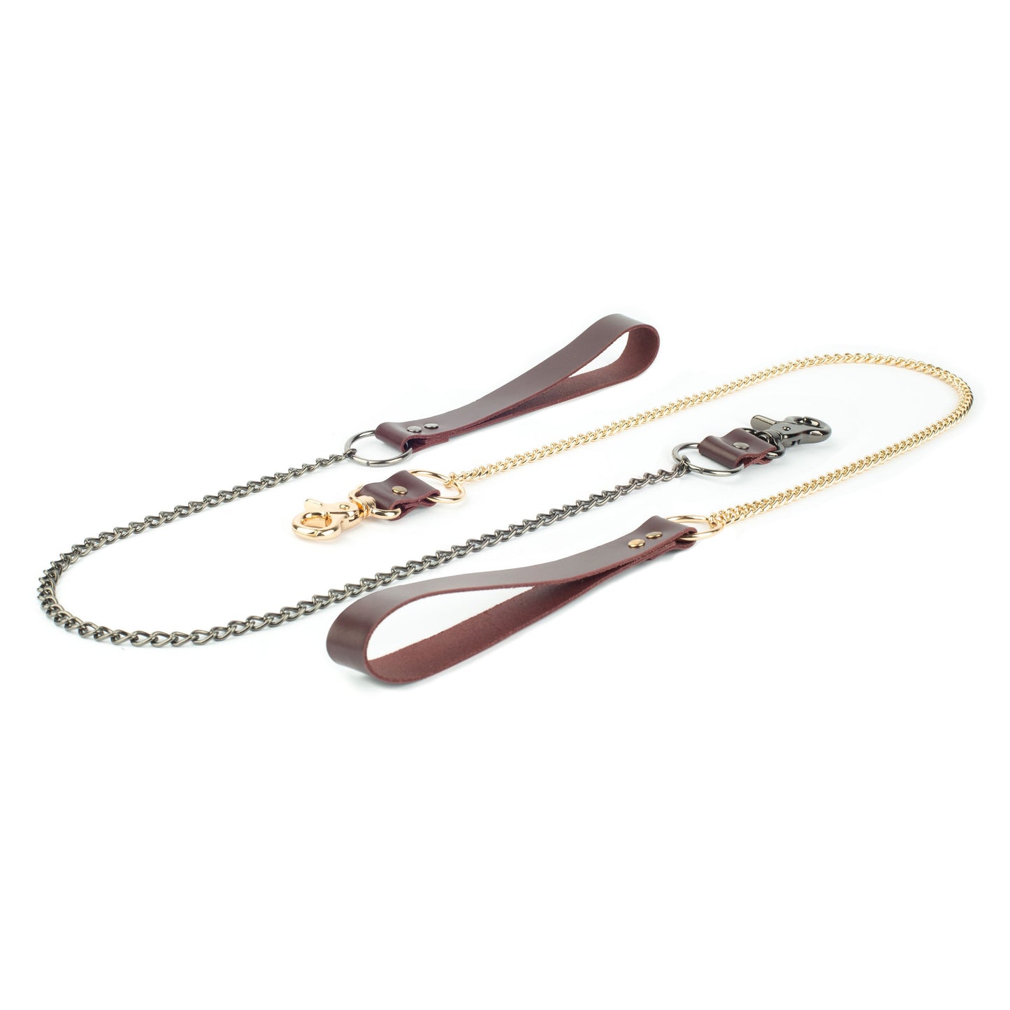 BDSM leather chain leash on a white background with marsala leather hand loop, 60 cm metal chain, metal ring at the chain end and a carabiner connected through a leather strap, product laid flat for a clear view of the connection.