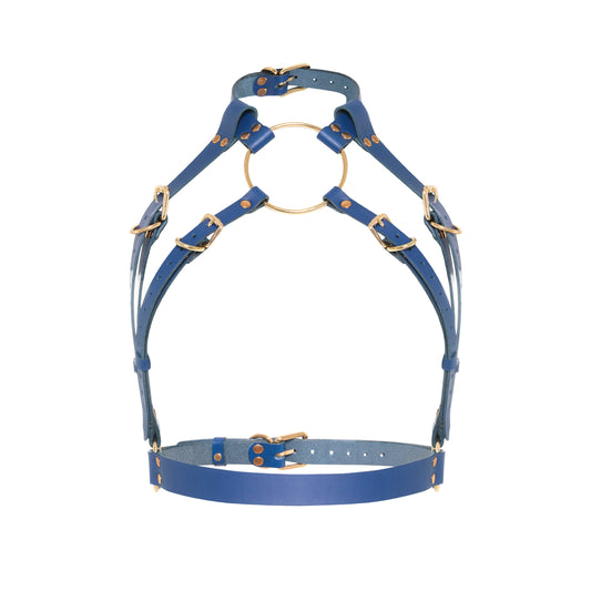Front view of a deep blue open bust leather harness with a wide choker, large center ring, adjustable straps, front underbust belt, side waist rings, and gold-tone metal hardware.