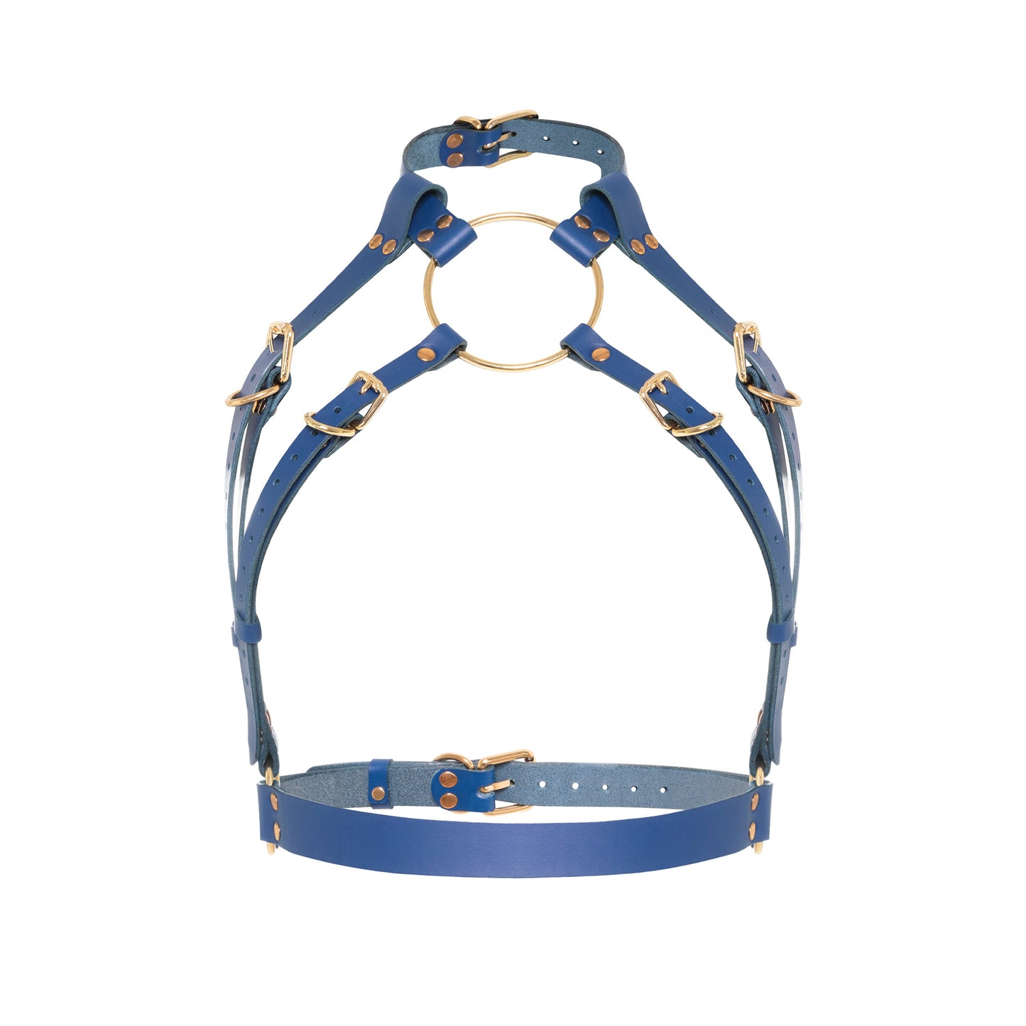 Front view of a deep blue open bust leather harness with a wide choker, large center ring, adjustable straps, front underbust belt, side waist rings, and gold-tone metal hardware.