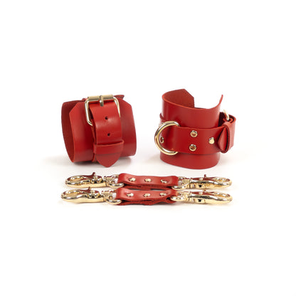 Red leather handcuffs with gold-tone hardware displayed on a white background, showing wide 6 cm (2.36 in) cuffs, 2.5 cm (0.98 in) buckle straps, and D-rings for connection, with two matching leather connectors and metal carabiners placed in front.