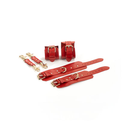 Red leather BDSM set laid flat: wrist cuffs and ankle cuffs with buckle straps, rivets, adjustment holes, and gold-tone hardware. Each cuff has a 2.5 cm D-ring. Two matching leather connectors with gold-tone carabiners on both ends are placed next to the cuffs.