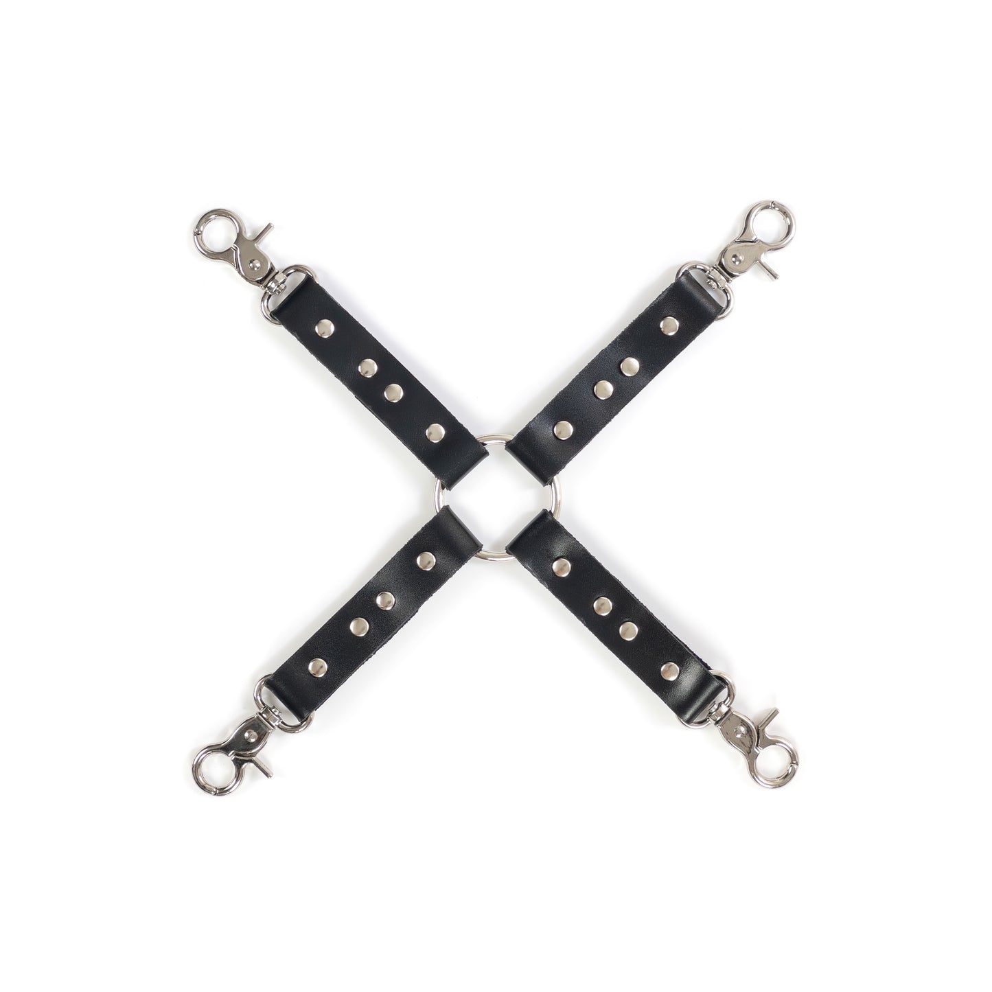 Leather four-way connector made of black genuine leather with a thickness of 0.06–0.063 inches (1.4–1.6 mm) and strap width of 0.79 inches (2 cm), photographed flat on a white background. The connector features four leather straps attached to a central metal ring, with metal carabiners on each end in silver finish, all parts clearly visible from above.