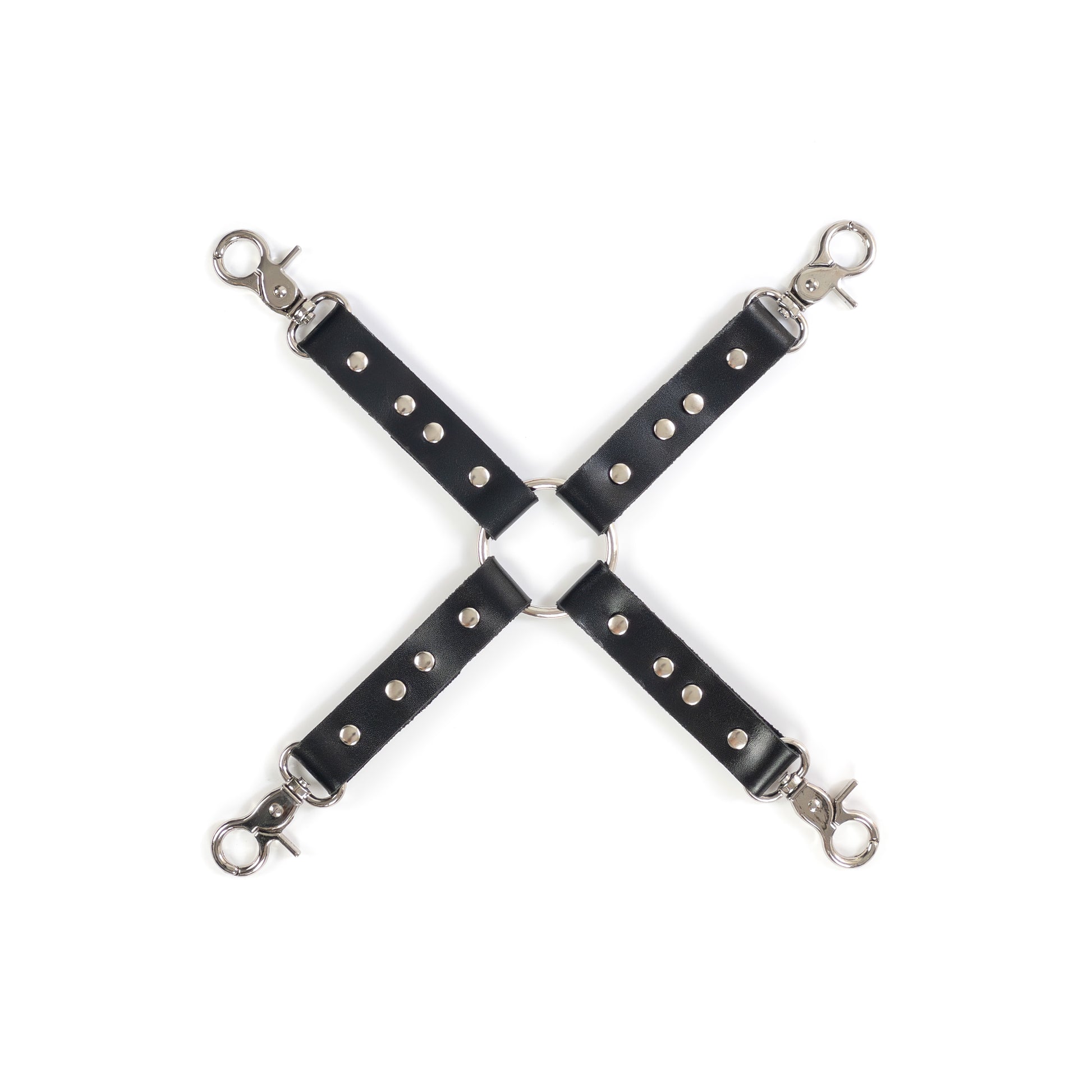 Leather four-way connector made of black genuine leather with a thickness of 0.06–0.063 inches (1.4–1.6 mm) and strap width of 0.79 inches (2 cm), photographed flat on a white background. The connector features four leather straps attached to a central metal ring, with metal carabiners on each end in silver finish, all parts clearly visible from above.