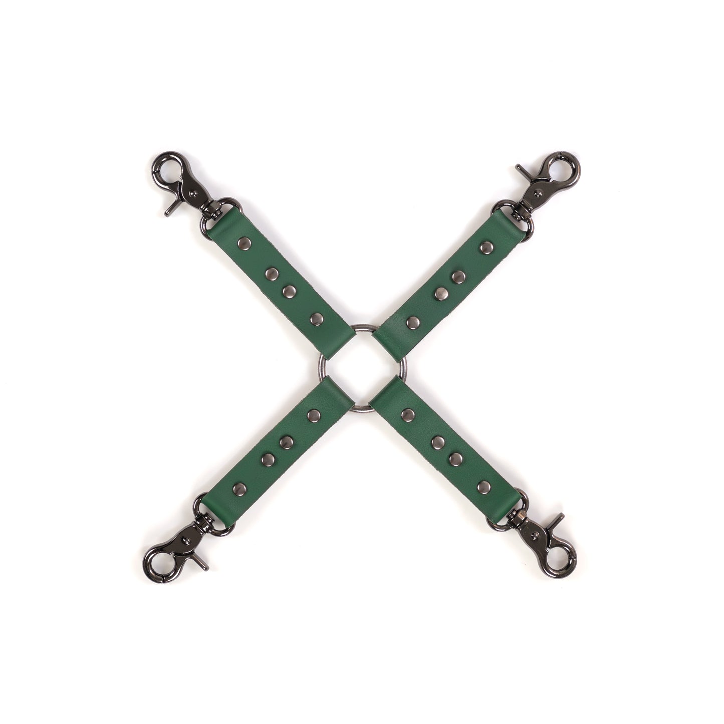 Leather four-way connector made of green genuine leather with a thickness of 0.06–0.063 inches (1.4–1.6 mm) and strap width of 0.79 inches (2 cm), photographed flat on a white background. The connector has four leather straps attached to a central metal ring, with metal carabiners on each end in dark nickel finish, all details visible from above.