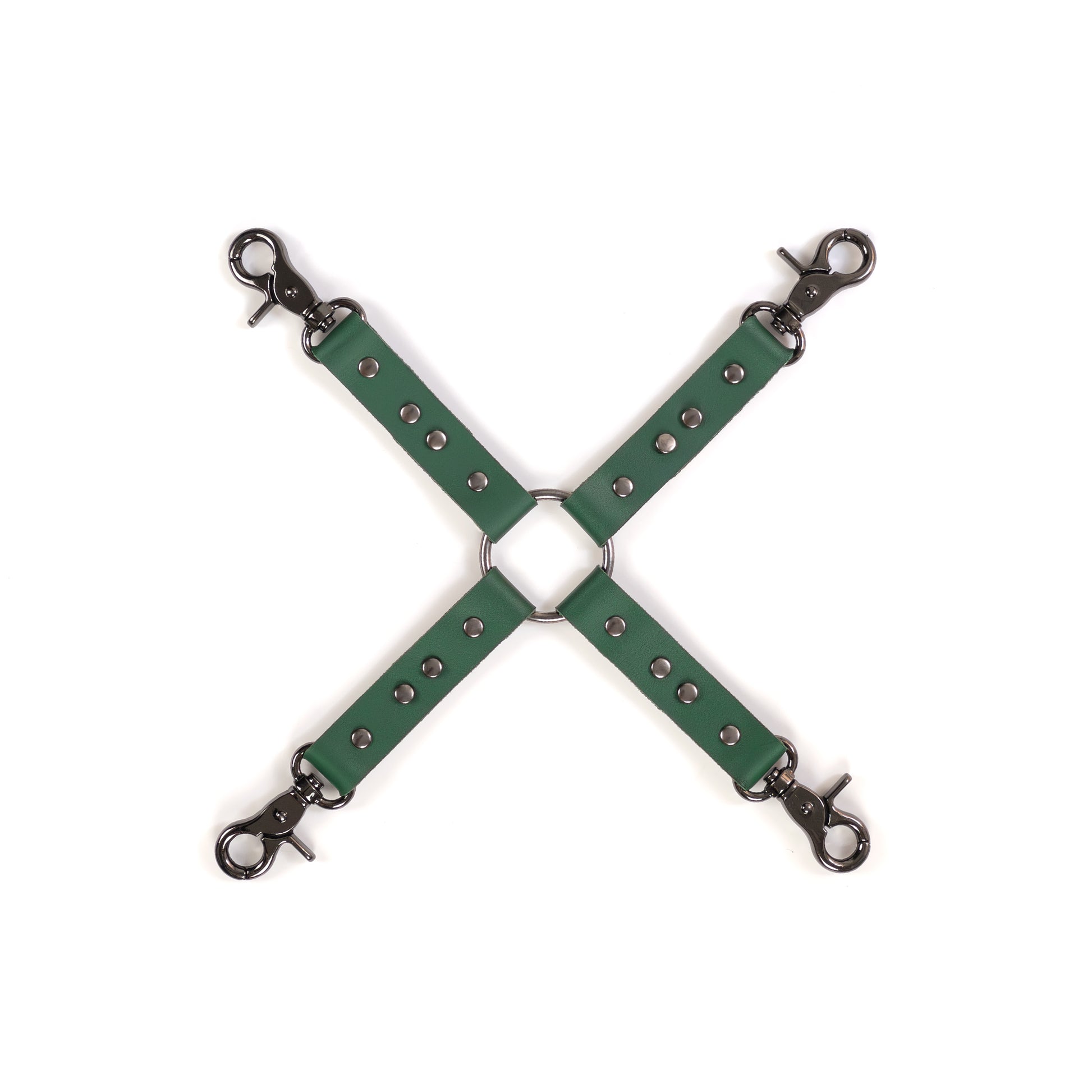 Leather four-way connector made of green genuine leather with a thickness of 0.06–0.063 inches (1.4–1.6 mm) and strap width of 0.79 inches (2 cm), photographed flat on a white background. The connector has four leather straps attached to a central metal ring, with metal carabiners on each end in dark nickel finish, all details visible from above.