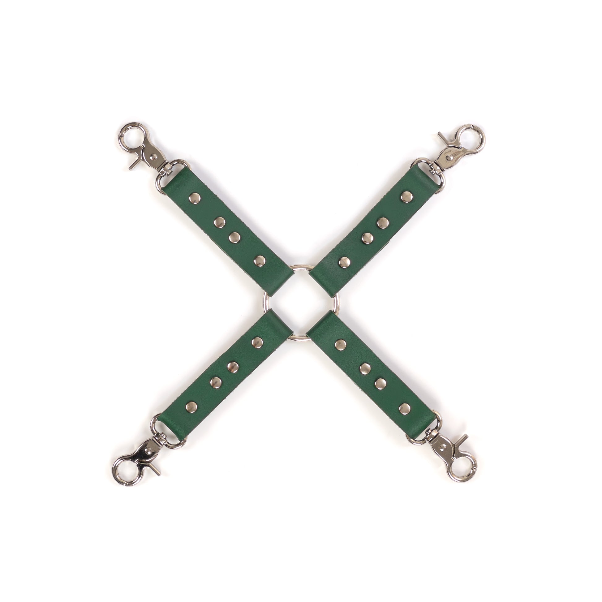 Leather four-way connector made of green genuine leather with a thickness of 0.06–0.063 inches (1.4–1.6 mm) and strap width of 0.79 inches (2 cm), shown flat on a white background. Four leather straps connect to a central metal ring, with silver metal carabiners on each strap end, top view with all components visible.