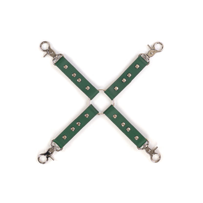 Leather four-way connector made of green genuine leather with a thickness of 0.06–0.063 inches (1.4–1.6 mm) and strap width of 0.79 inches (2 cm), shown flat on a white background. Four leather straps connect to a central metal ring, with silver metal carabiners on each strap end, top view with all components visible.