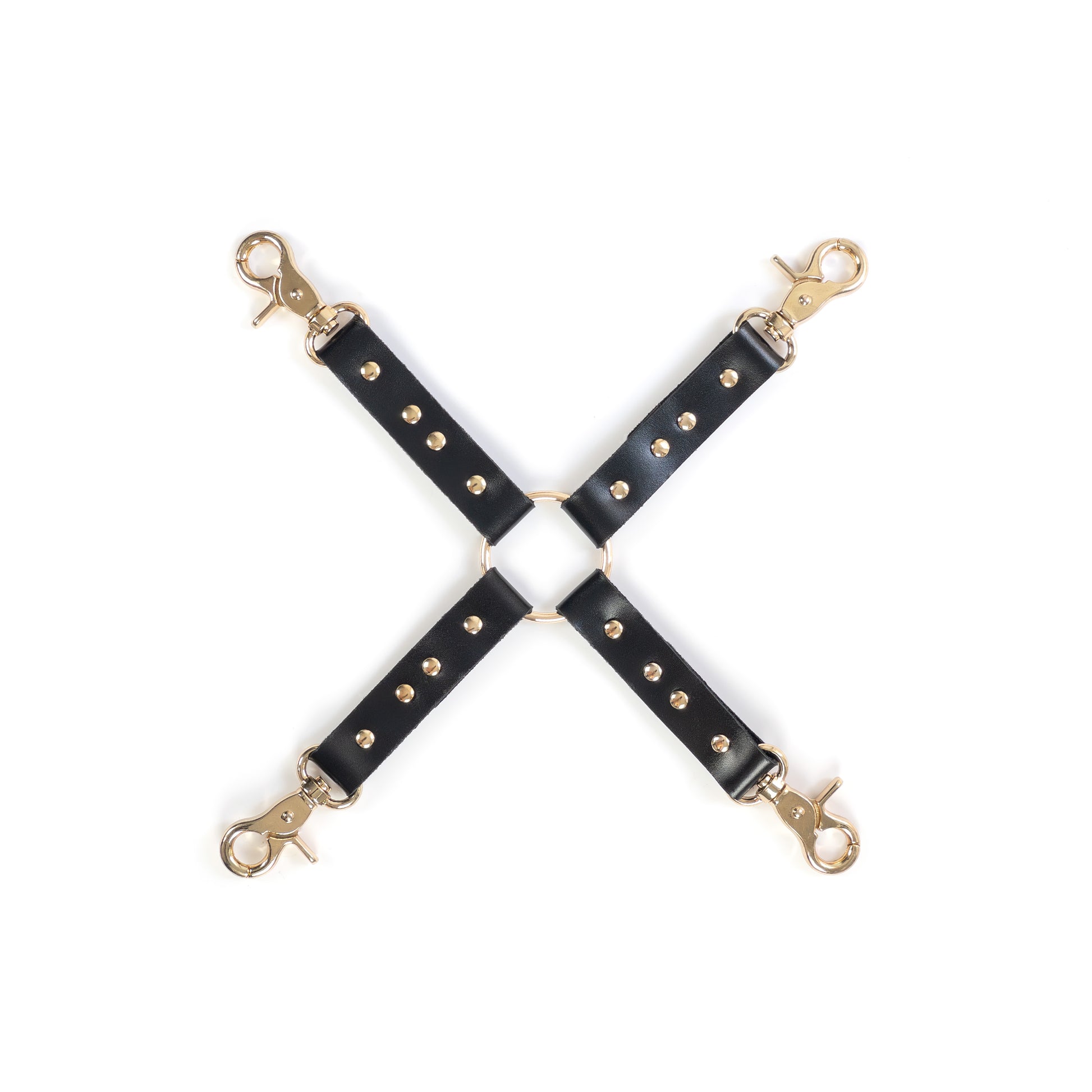 Leather four-way connector made of black genuine leather with a thickness of 0.06–0.063 inches (1.4–1.6 mm) and strap width of 0.79 inches (2 cm), shown flat on a white background. Four leather straps are fixed to a central metal ring, with metal carabiners on each strap end in gold finish, top-down view with all elements visible.