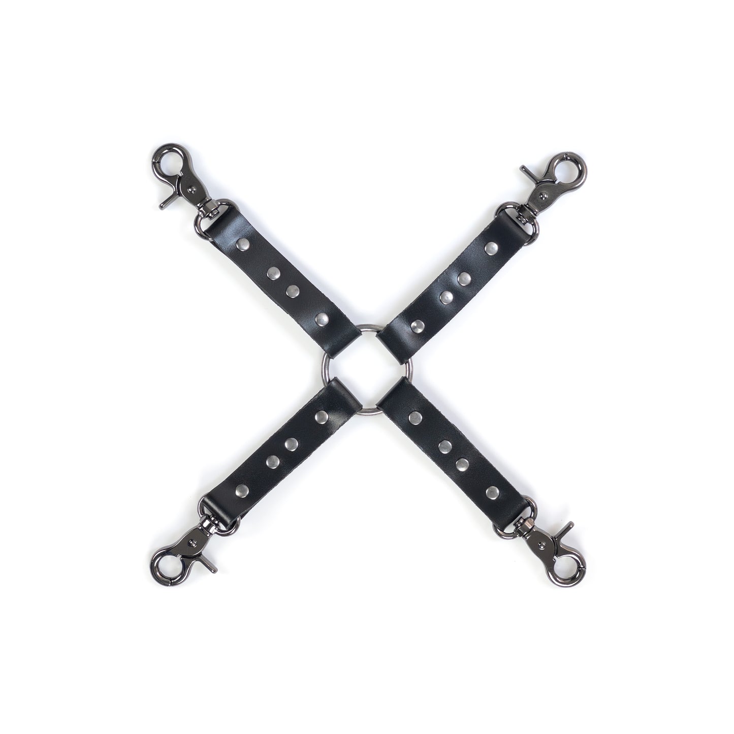 Four-way leather restraint connector made of black genuine leather with dark nickel metal hardware, central metal ring with four attachment ends, each end has a dark nickel carabiner, shown flat on a white background, top view with stitching and rivets visible.