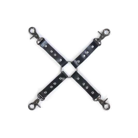 Leather four-way connector made of black genuine leather with a thickness of 0.06–0.063 inches (1.4–1.6 mm) and strap width of 0.79 inches (2 cm), shown flat on a white background. Four leather straps are connected to a central metal ring, with metal carabiners on each strap end in dark nickel finish, top view, all elements clearly visible.