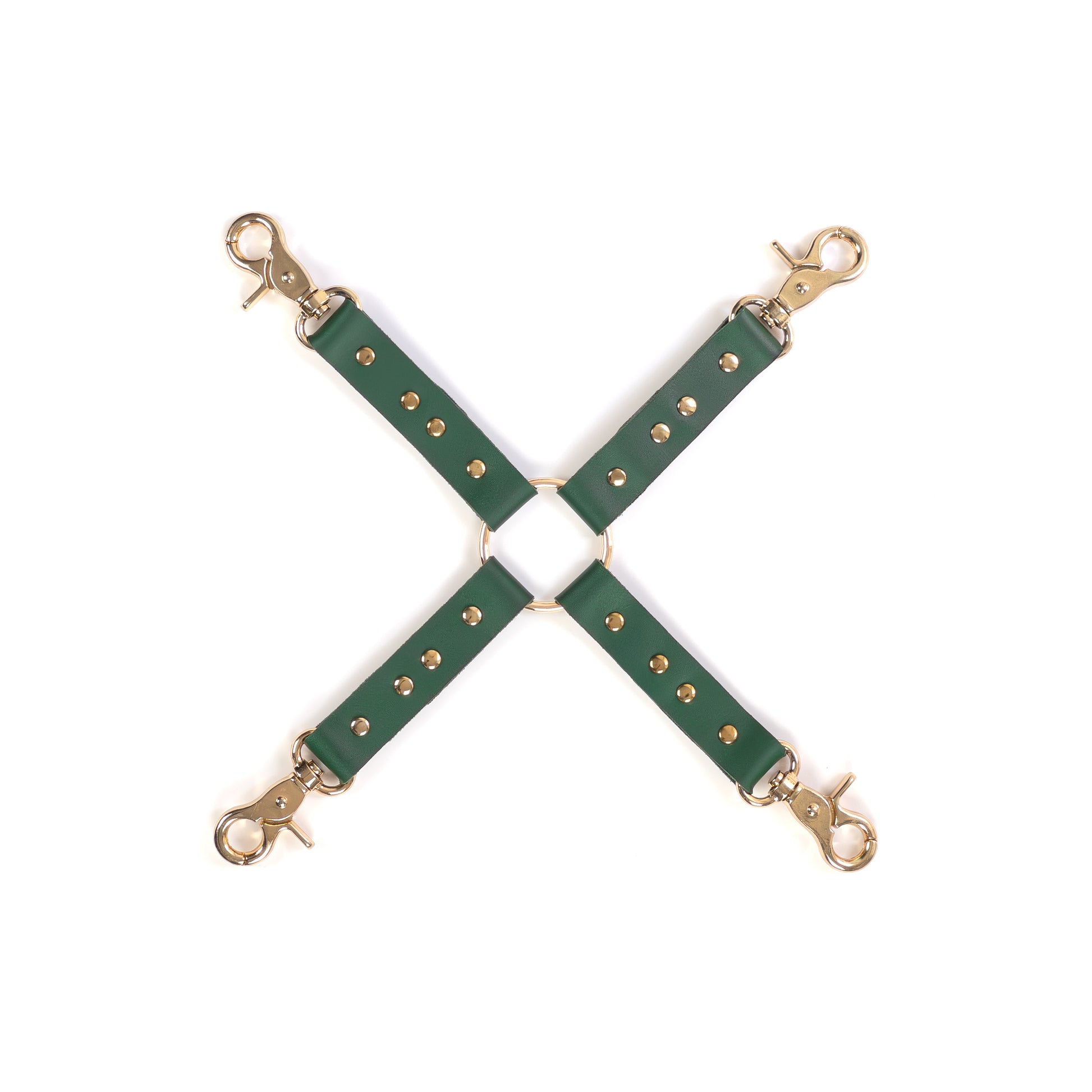 Leather four-way connector made of green genuine leather with a thickness of 0.06–0.063 inches (1.4–1.6 mm) and strap width of 0.79 inches (2 cm), photographed flat on a white background. The connector features four leather straps attached to a central metal ring, with gold metal carabiners on each end, all elements clearly visible from a top view.