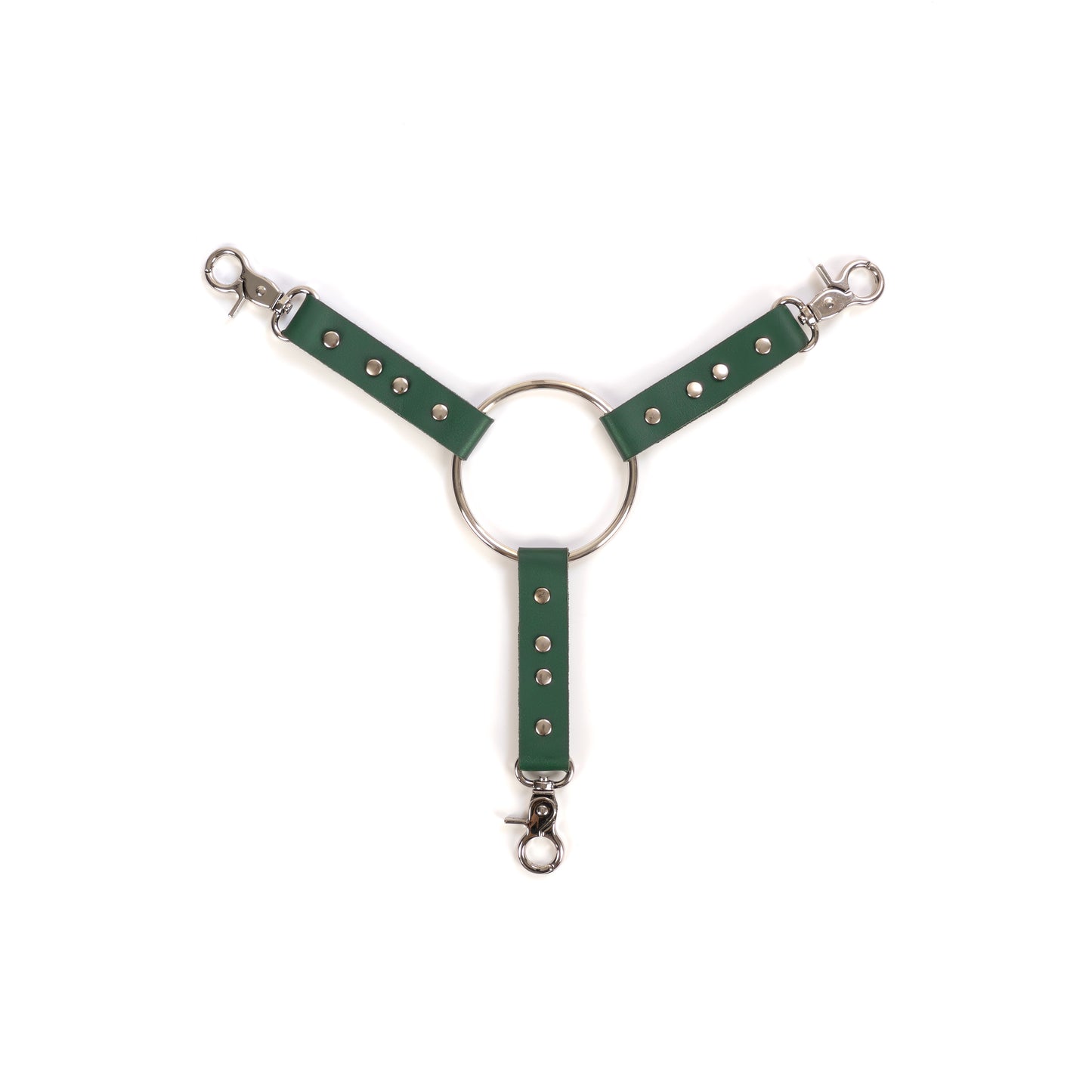 Three-way leather connector made of green genuine leather with a thickness of 0.06–0.063 inches (1.4–1.6 mm) and strap width of 0.79 inches (2 cm), shown flat on a white background. Three leather straps are attached to a central metal ring with a diameter of 2.76 inches (70 mm), each strap ending with a silver metal carabiner, top view.
