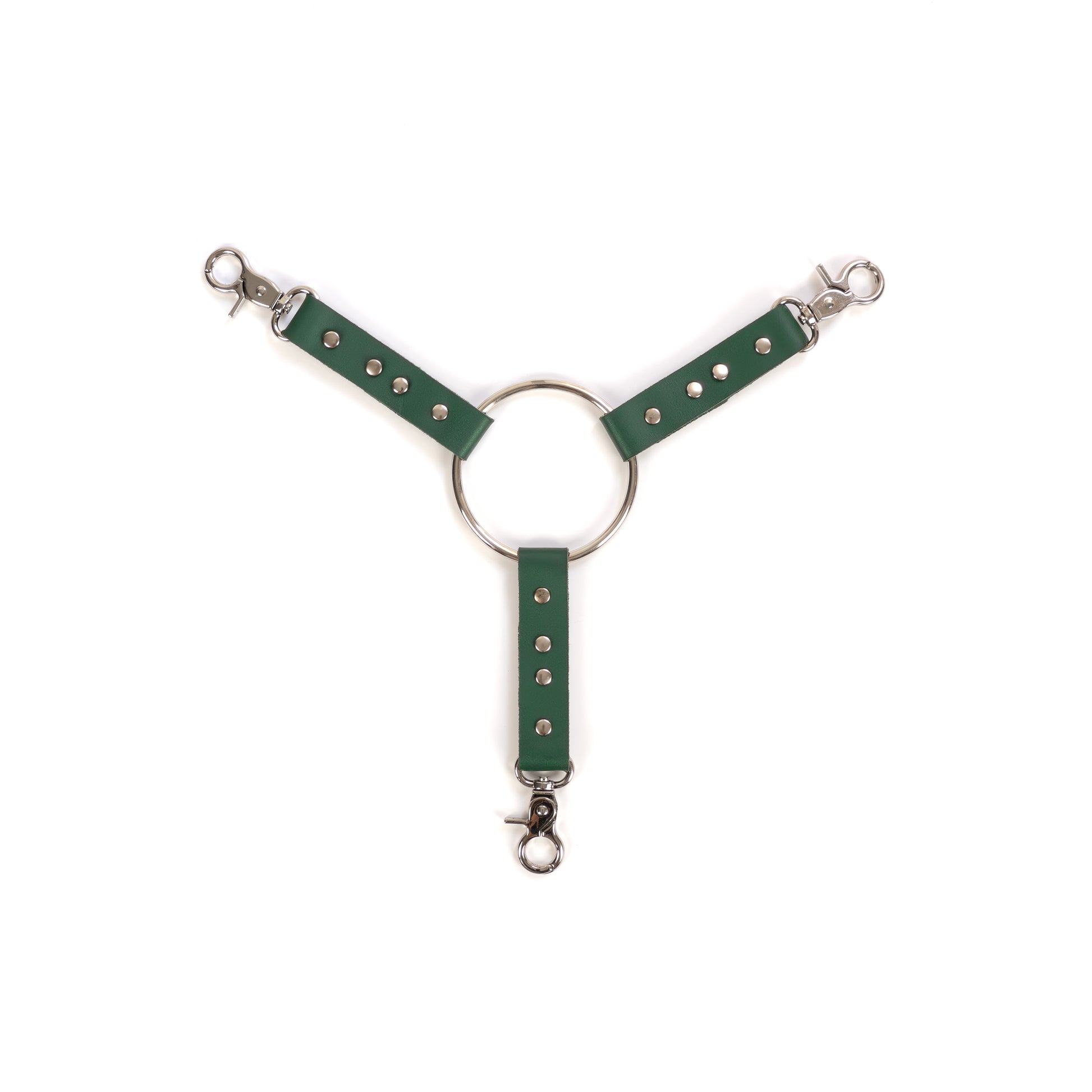 Three-way leather connector made of green genuine leather with a thickness of 0.06–0.063 inches (1.4–1.6 mm) and strap width of 0.79 inches (2 cm), shown flat on a white background. Three leather straps are attached to a central metal ring with a diameter of 2.76 inches (70 mm), each strap ending with a silver metal carabiner, top view.