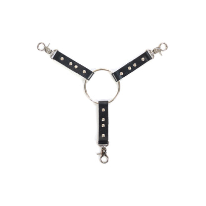 Three-way leather connector made of black genuine leather with a thickness of 0.06–0.063 inches (1.4–1.6 mm) and strap width of 0.79 inches (2 cm), photographed flat on a white background. The connector features three leather straps fixed to a central metal ring with a diameter of 2.76 inches (70 mm), each strap finished with a silver metal carabiner, top-down view.