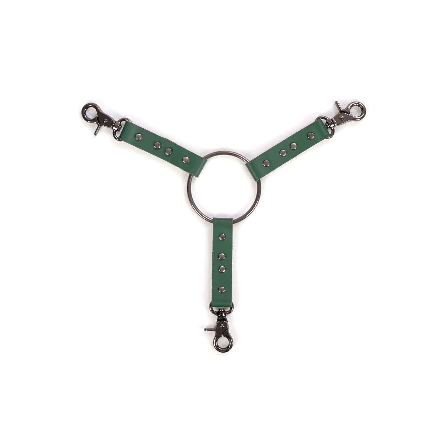 Three-way leather connector made of green genuine leather with a thickness of 0.06–0.063 inches (1.4–1.6 mm) and strap width of 0.79 inches (2 cm), shown flat on a white background. Three leather straps connect to a central metal ring with a diameter of 2.76 inches (70 mm), each strap ending with a dark nickel metal carabiner, all elements visible from above.