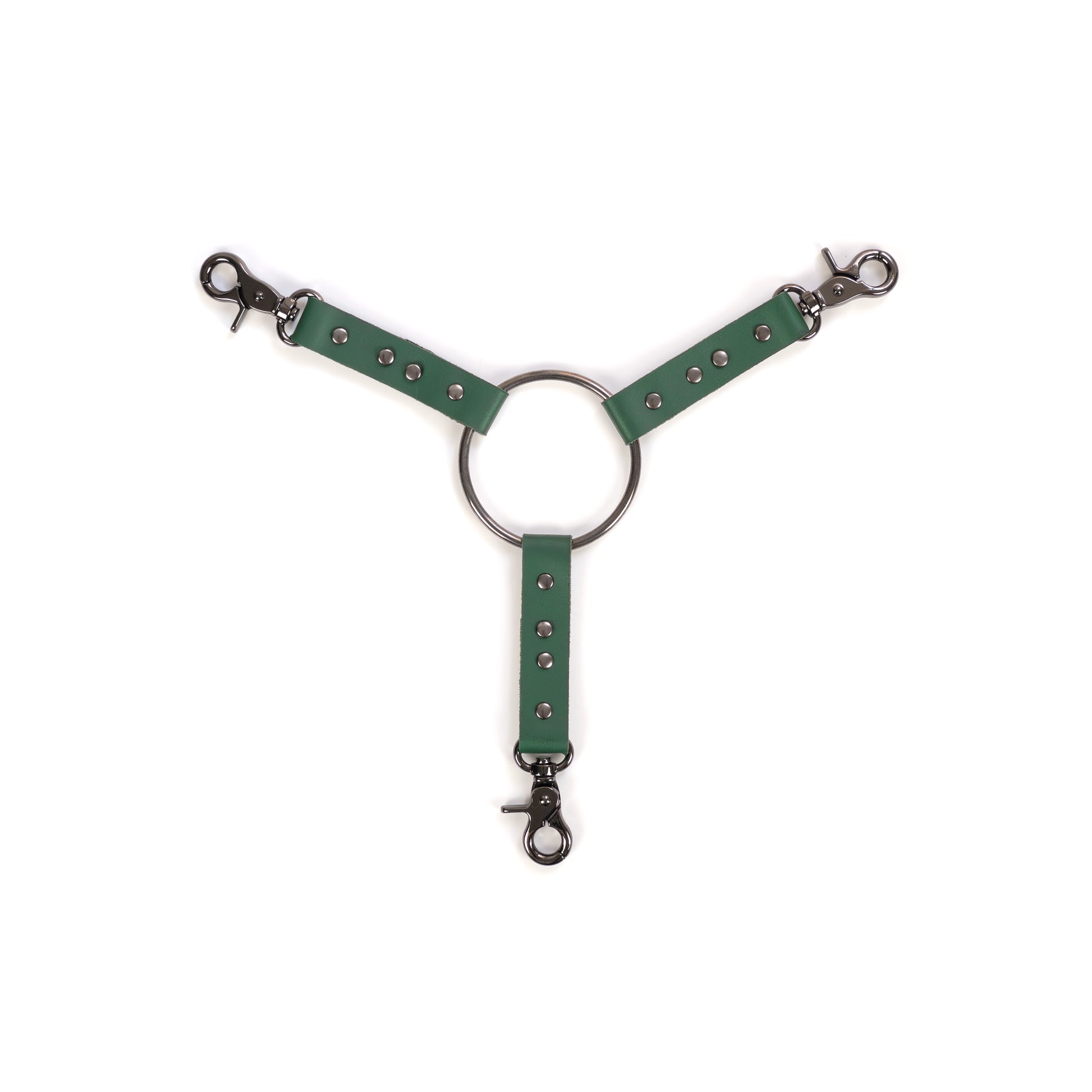 Three-way leather connector made of green genuine leather with a thickness of 0.06–0.063 inches (1.4–1.6 mm) and strap width of 0.79 inches (2 cm), shown flat on a white background. Three leather straps connect to a central metal ring with a diameter of 2.76 inches (70 mm), each strap ending with a dark nickel metal carabiner, all elements visible from above.