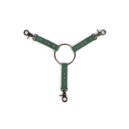 Three-way leather connector made of green genuine leather with a thickness of 0.06–0.063 inches (1.4–1.6 mm) and strap width of 0.79 inches (2 cm), shown flat on a white background. Three leather straps connect to a central metal ring with a diameter of 2.76 inches (70 mm), each strap ending with a dark nickel metal carabiner, all elements visible from above.