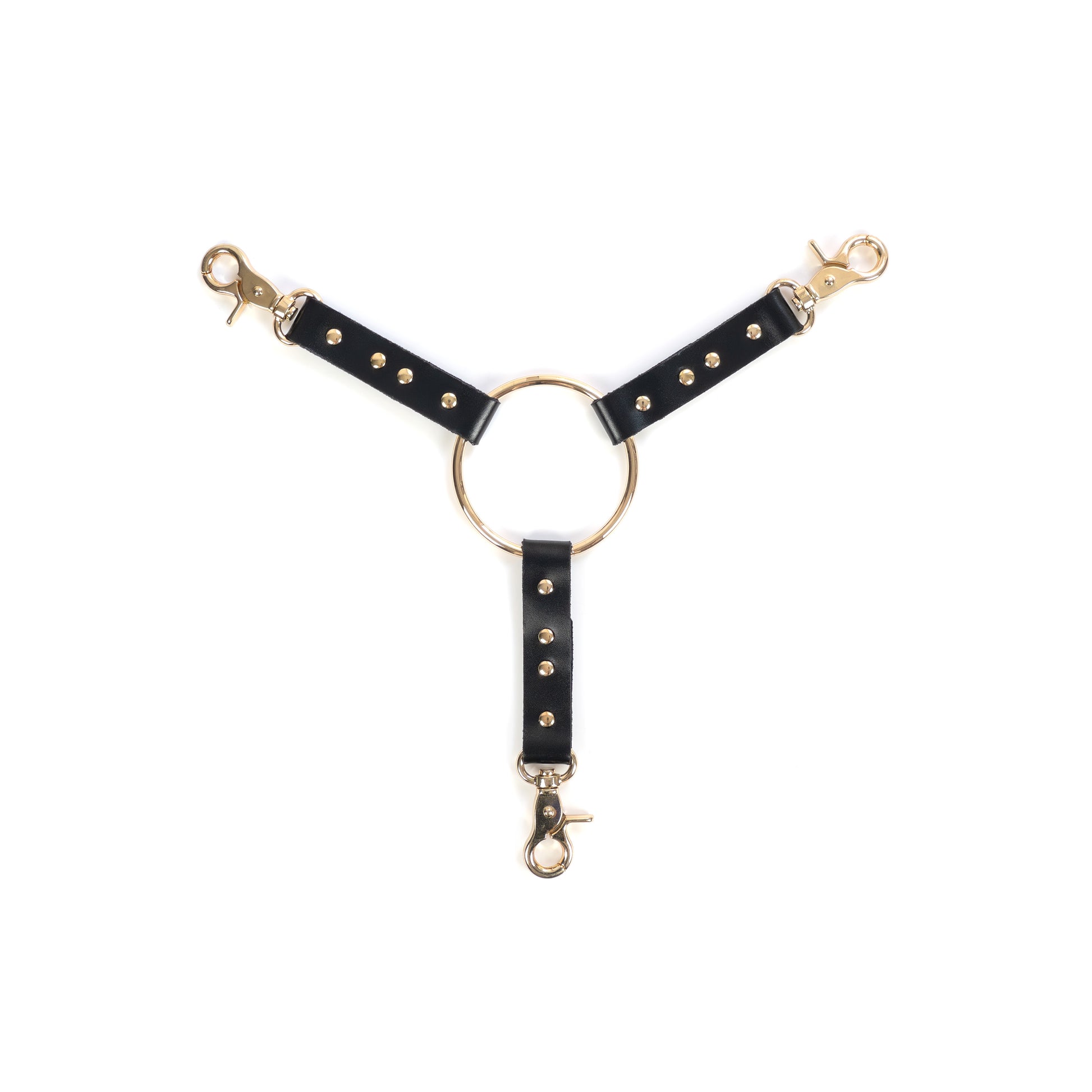 Three-way leather connector made of black genuine leather with a thickness of 0.06–0.063 inches (1.4–1.6 mm) and strap width of 0.79 inches (2 cm), shown flat on a white background. Three leather straps are fixed to a central metal ring with a diameter of 2.76 inches (70 mm), each strap ending with a gold metal carabiner, top-down view.